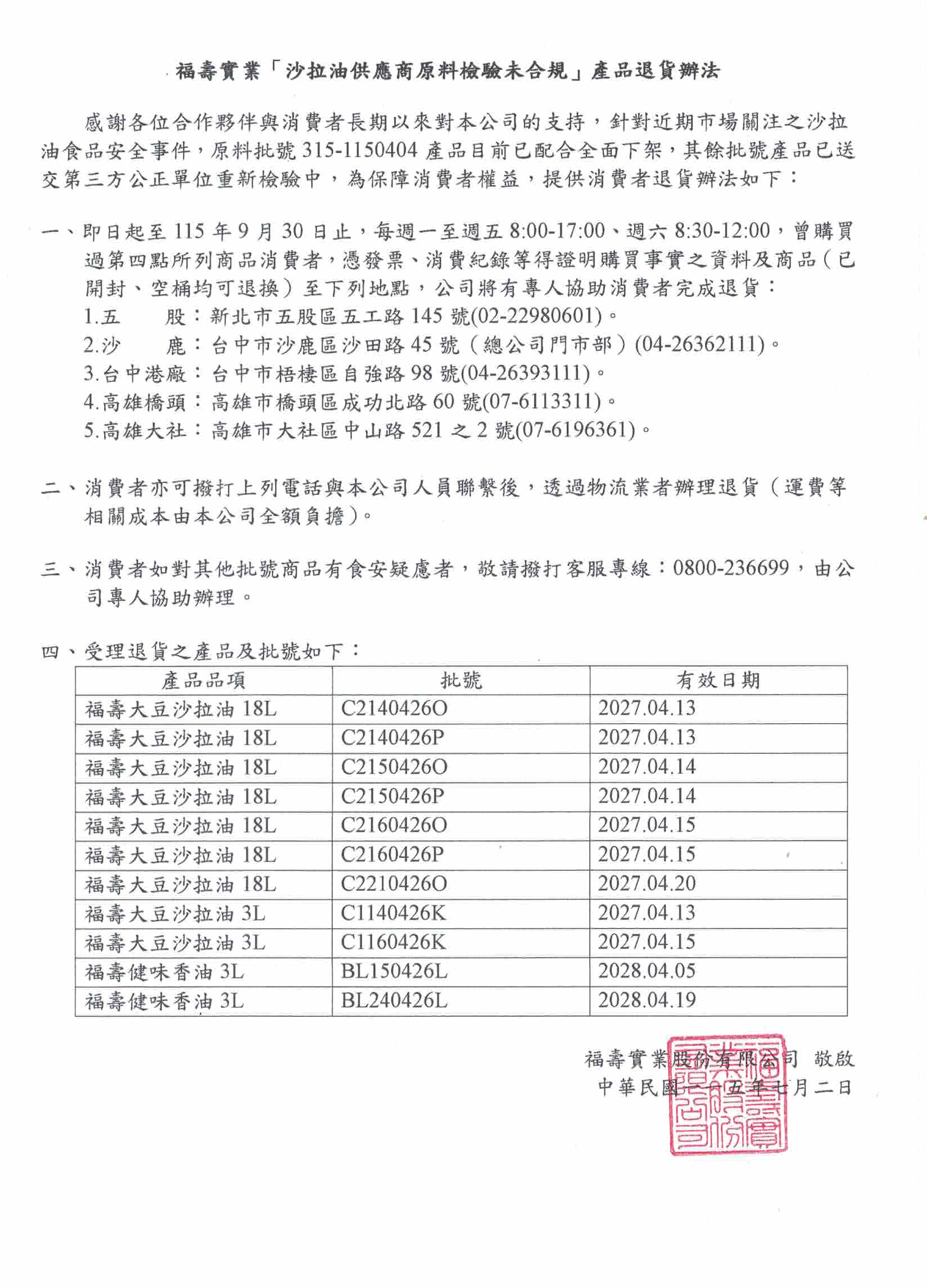 泰山企業、福壽實業、福懋油脂退費公告彙整-2